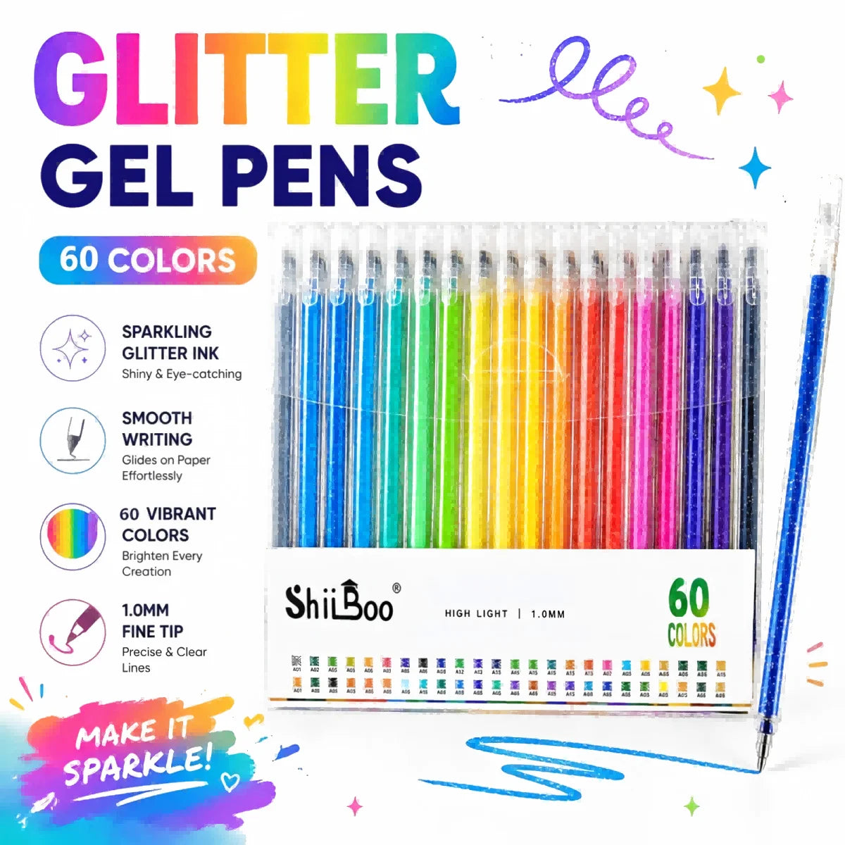Set di 60 Penne Gel Glitter 1.0 mm – Colori Metallizzati per Disegno e Scrapbook
