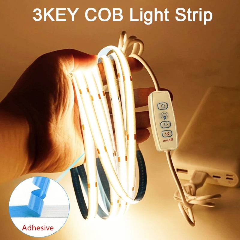 Striscia LED USB 5V COB con dimmer 3 tasti, bianco e caldo, flessibile