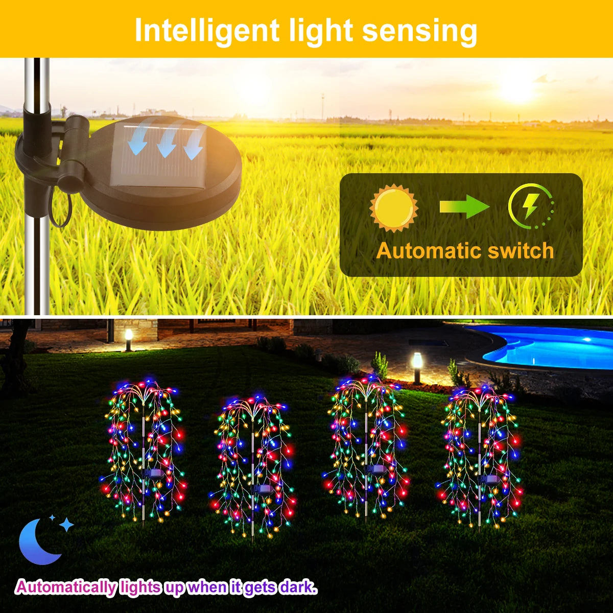 Luci LED solari 200/120 per esterno, decorazione fuochi d'artificio impermeabile