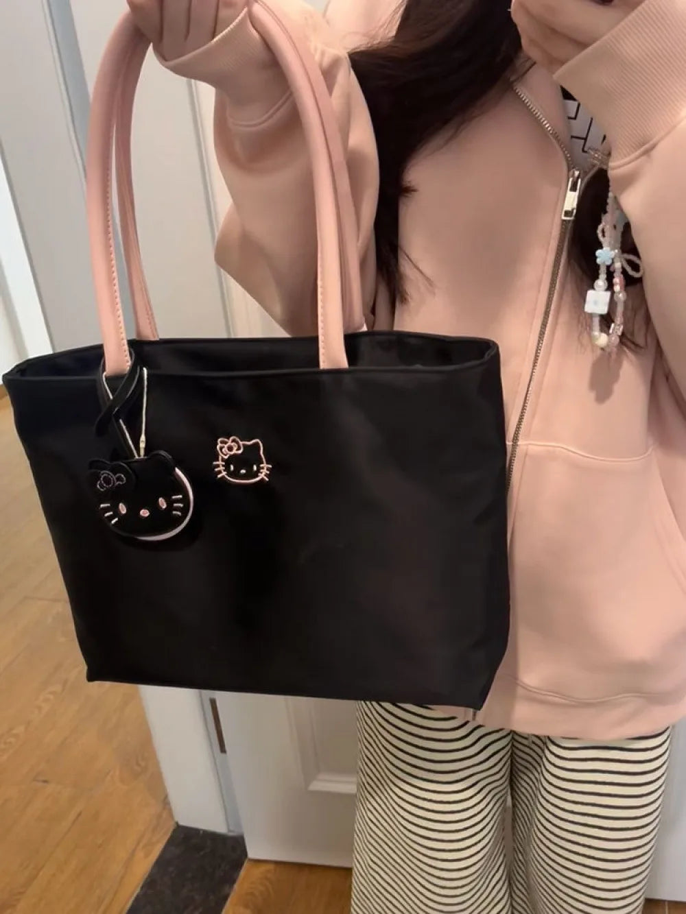 Borsa tote capiente con ricamo gatto, leggera e fresca per donna