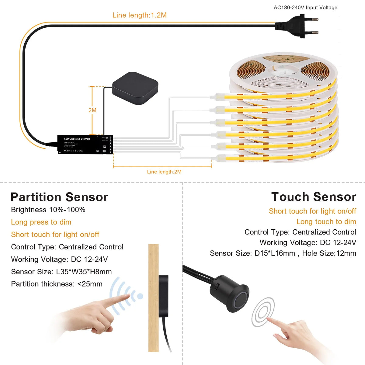Striscia LED COB dimmerabile per armadi e scaffali, sensore touch, 12 V