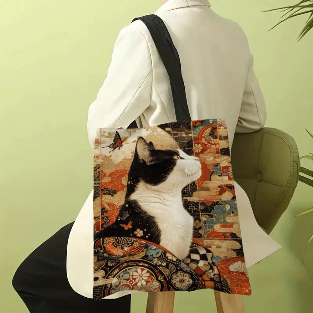 Borsa tote quadrata in lino bianco e nero con stampa gatto – shopper…