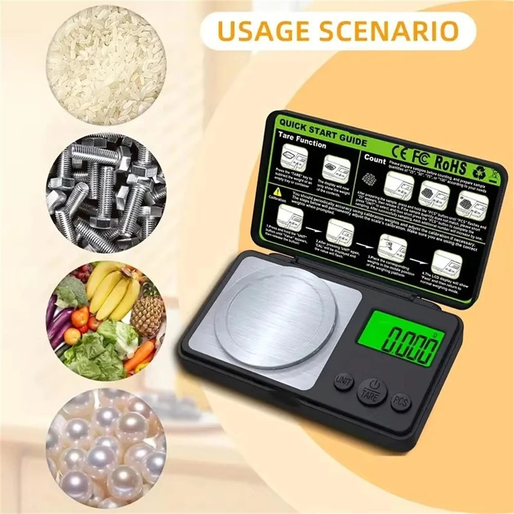 Bilancia di precisione 0,001 g LCD portatile, capacità 50 g/100 g, con pinze