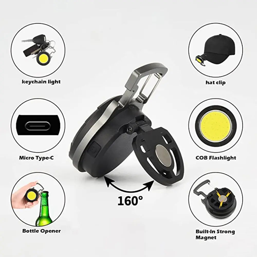 Lampada LED COB Portachiavi Ricaricabile USB‑C con Apribottiglie e Floodlight