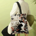 Borsa tote quadrata in lino bianco e nero con stampa gatto – shopper…