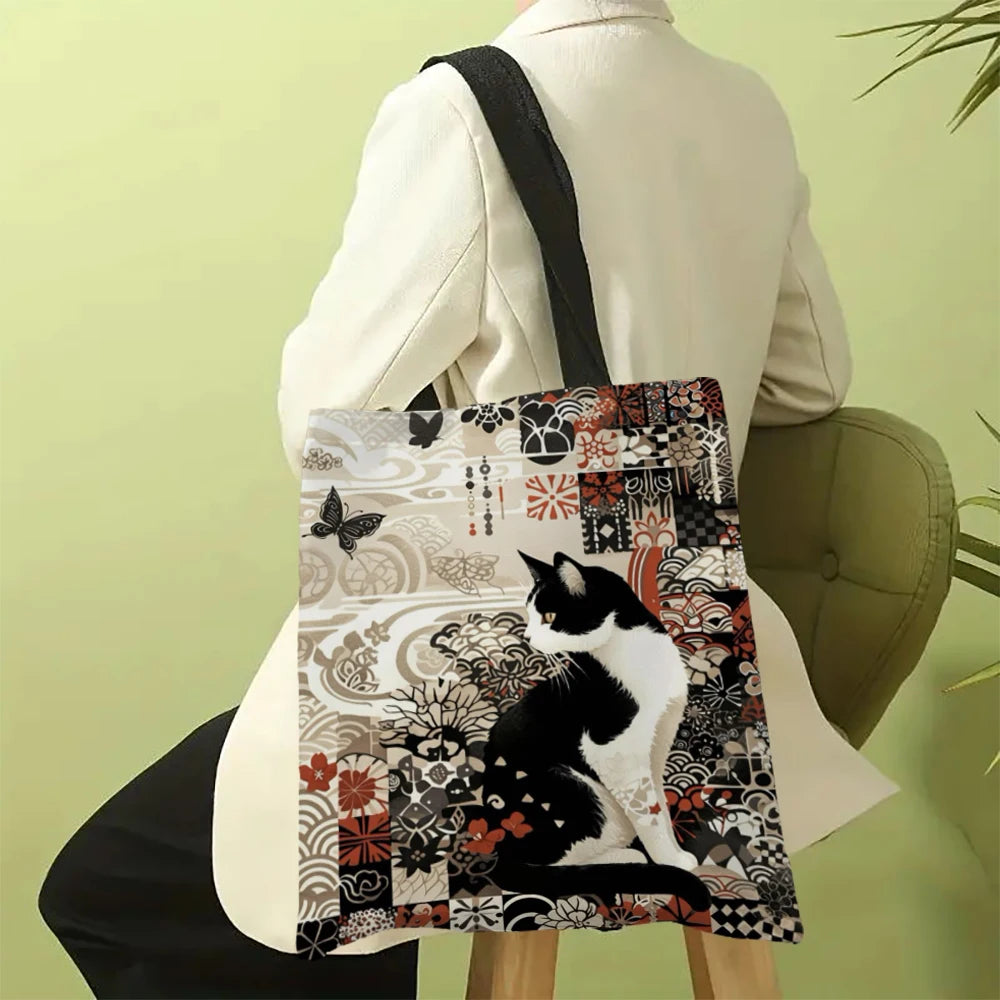 Borsa tote quadrata in lino bianco e nero con stampa gatto – shopper…