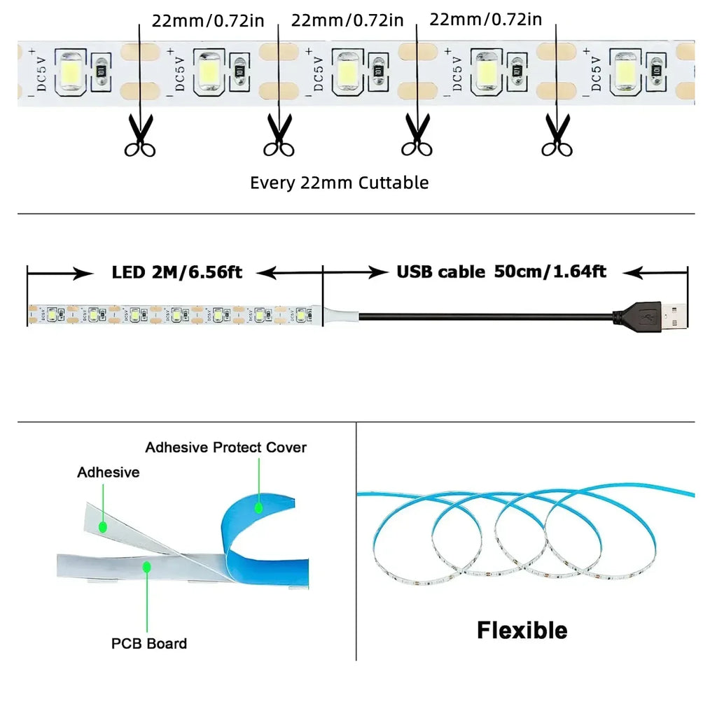 Striscia LED USB 5V 2835 Bianco 6500K 1‑5 m – Illuminazione d’ambiente