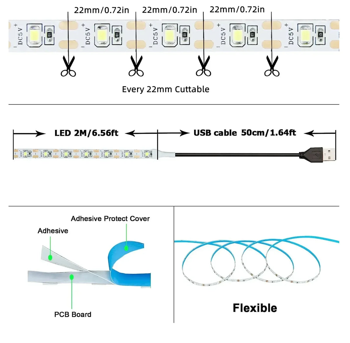 Striscia LED USB 5V 2835 Bianco 6500K 1‑5 m – Illuminazione d’ambiente