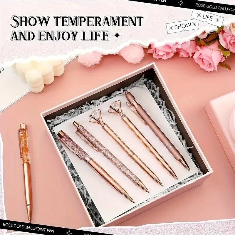 Set da 8 penne a sfera in oro rosa con cristalli – Per ufficio, scuola e regali