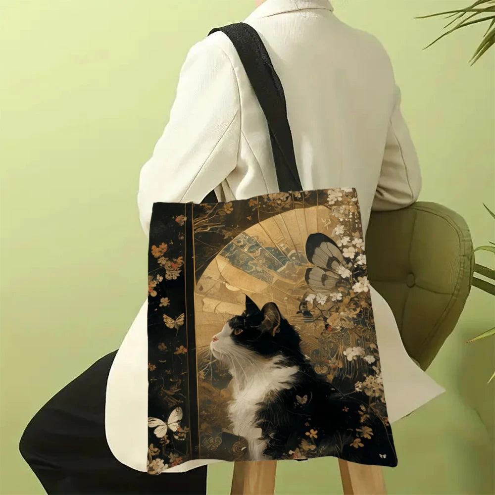 Borsa tote quadrata in lino bianco e nero con stampa gatto – shopper…