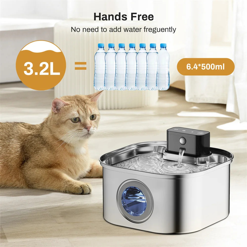 Fontana d'acqua 3.2L per gatti e cani, ricarica wireless, finestra livello