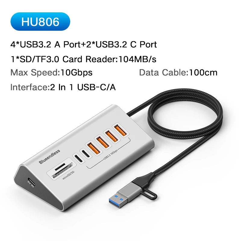 Hub docking USB‑C 10 Gbps 4/10 porte alluminio con lettore SD/TF