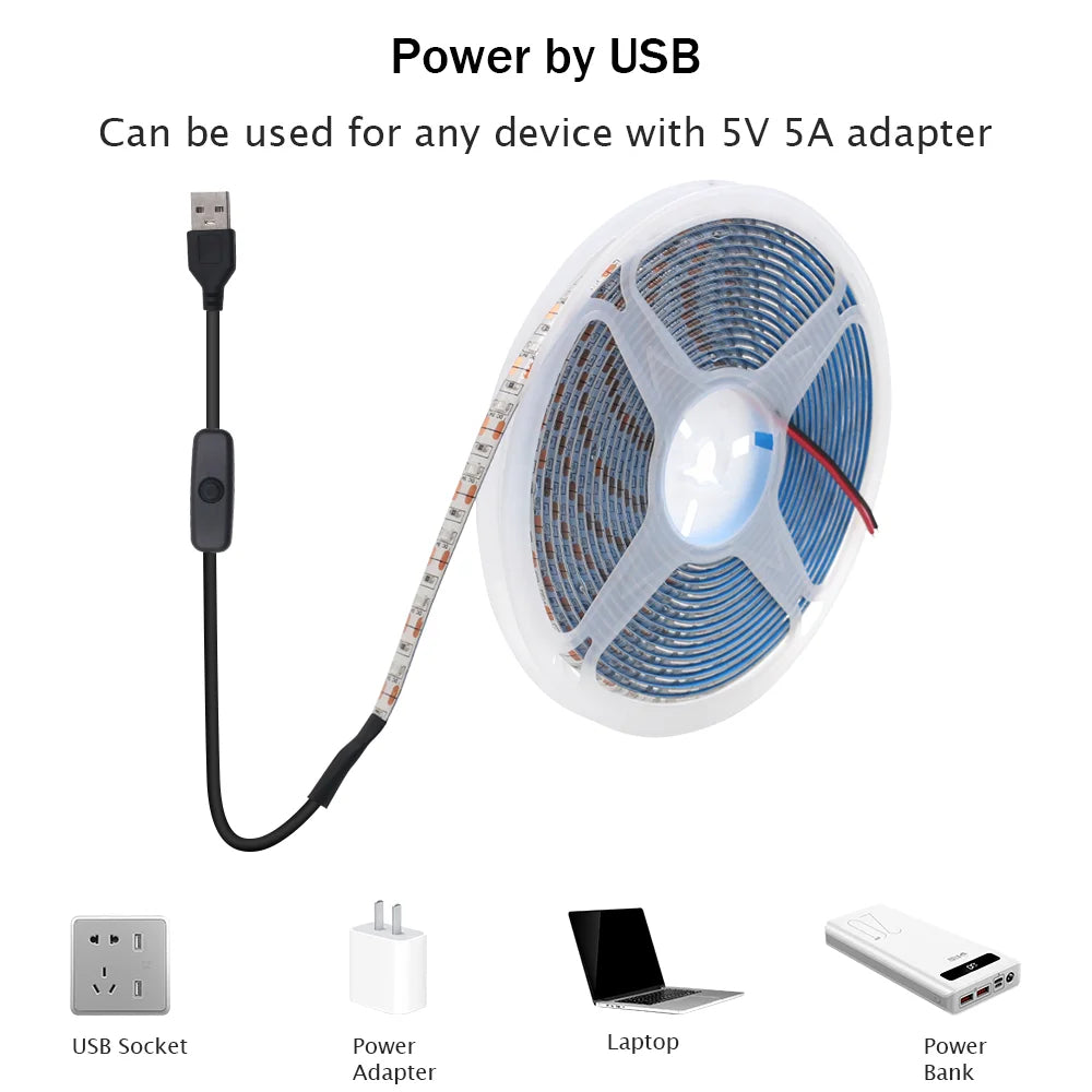 Striscia LED USB 5V SMD 2835, 60 LED/m, colori RGB, flessibile, 1‑5 m