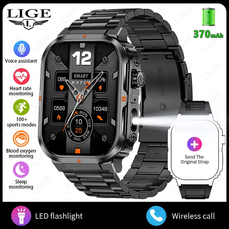 Smartwatch sportivo 2.01\" HD con chiamata, assistente vocale, torcia - IP68