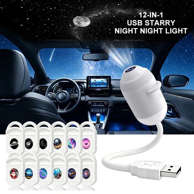 2-in-1 USB galaxy projector, 360° rotatable nebula aurora for bedroom & car