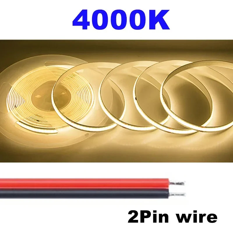 Striscia LED COB flessibile 8mm 12V/24V, 320/480 LED/m, luce 3000‑6000K
