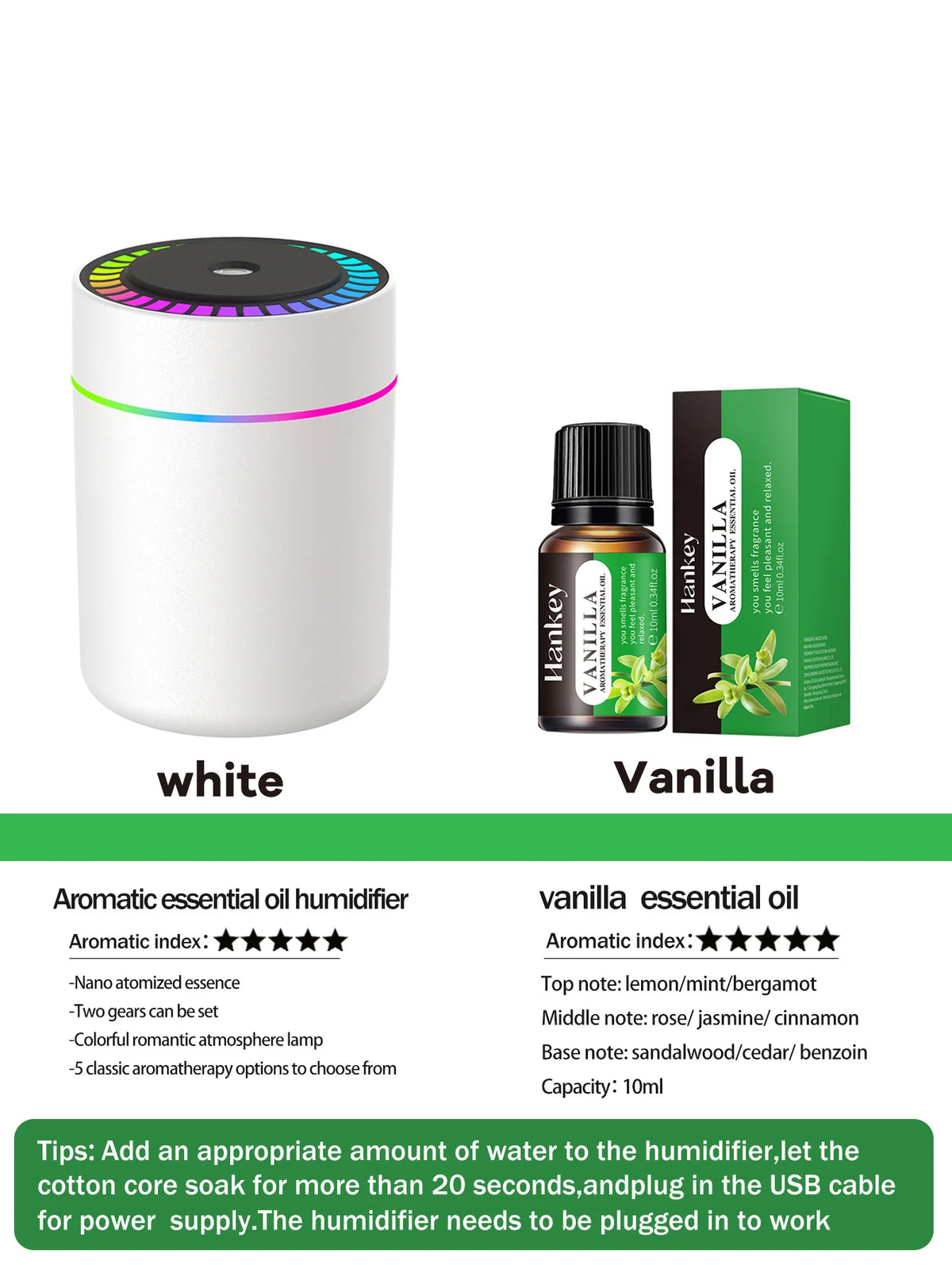 Diffusore Umidificatore 180 ml USB con LED 7 Colori e Aromaterapia