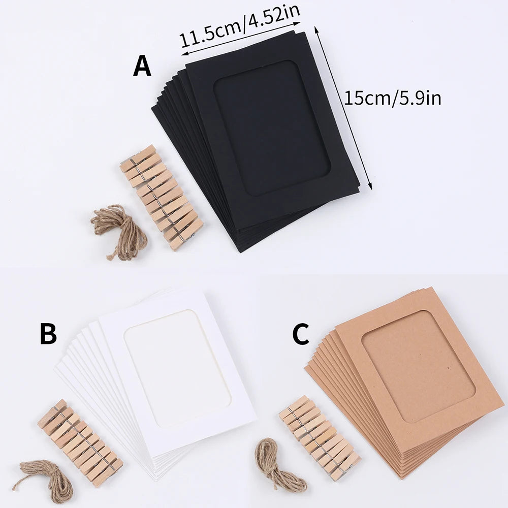 Set 10 Cornici Foto Carta con Clip Legno e Corda per Decorazione Muro