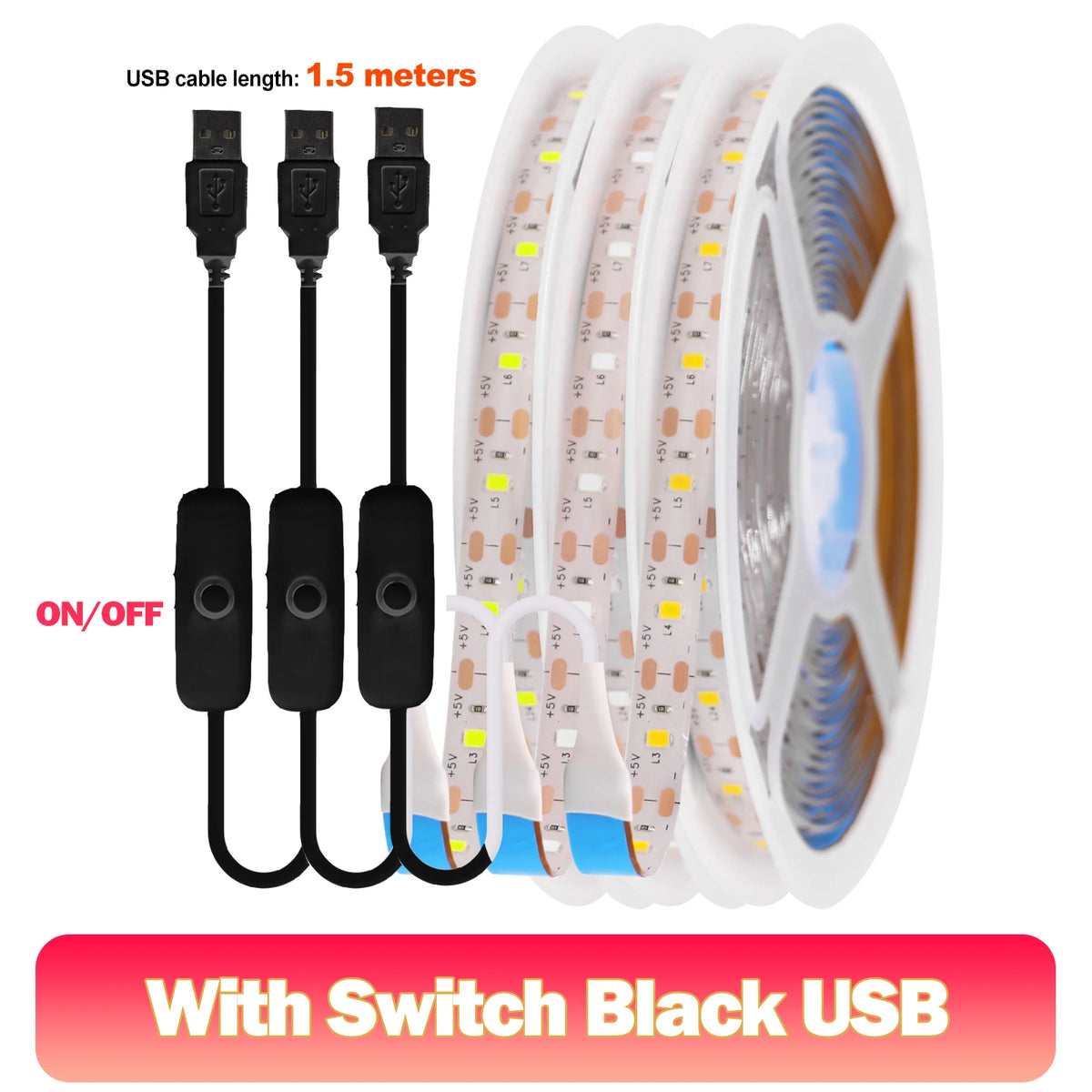 Striscia LED 5V USB 2835, 60 LED/m, luce bianca calda e blu, impermeabile