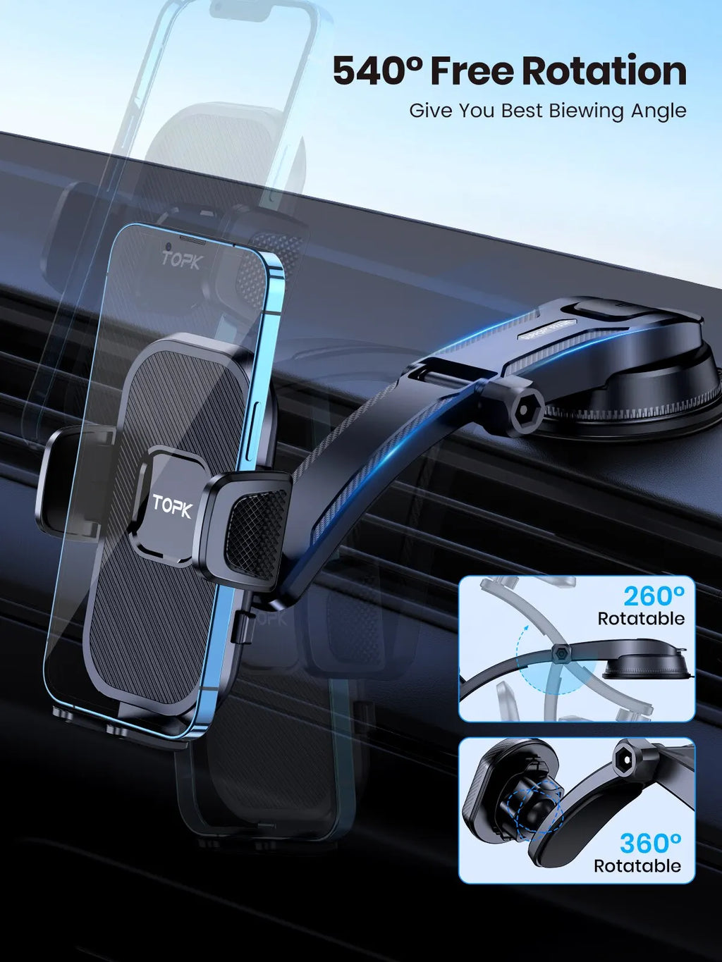 Supporto cellulare auto con gravità per ventola, cruscotto e parabrezza