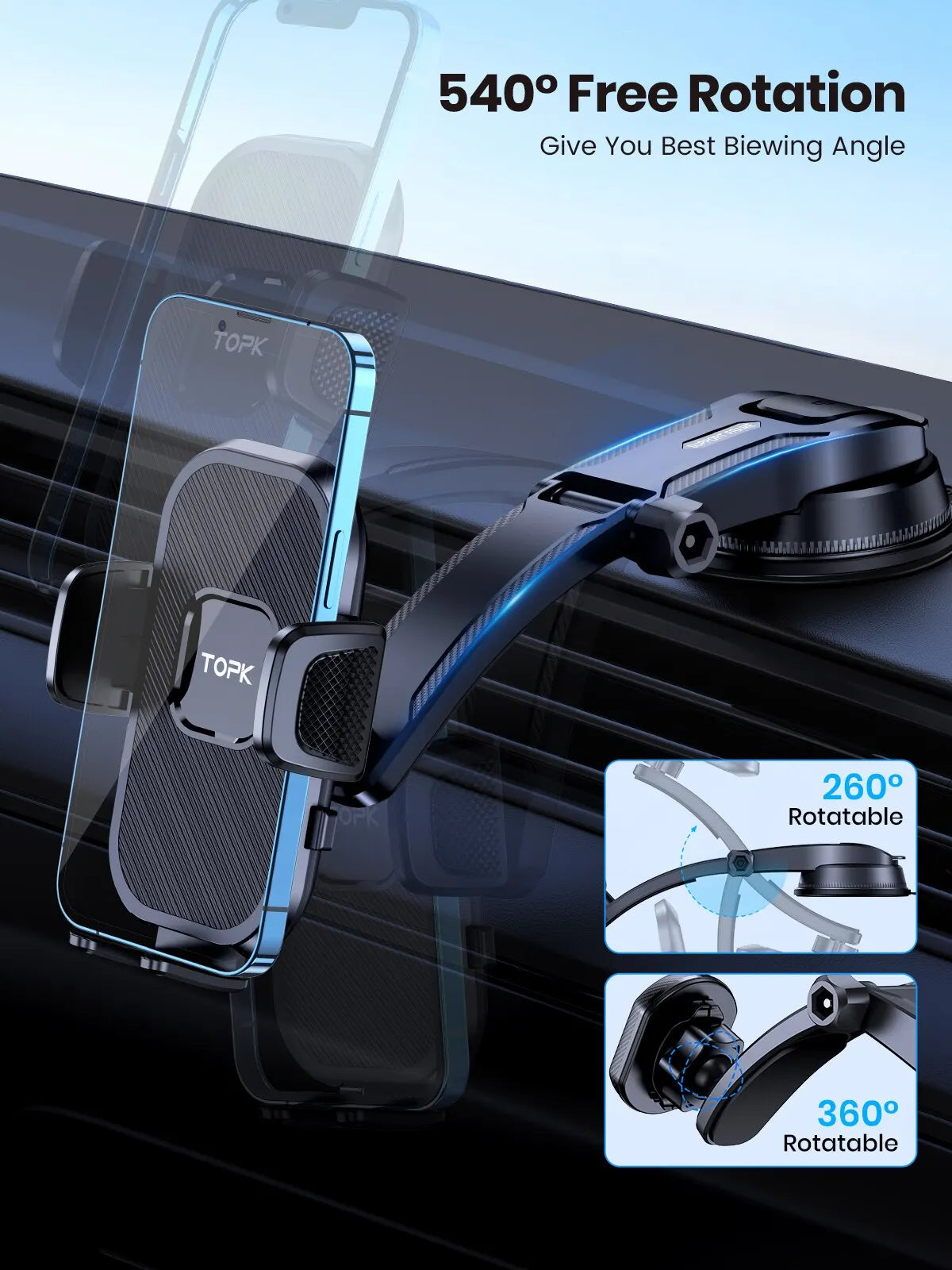 Supporto cellulare auto con gravità per ventola, cruscotto e parabrezza