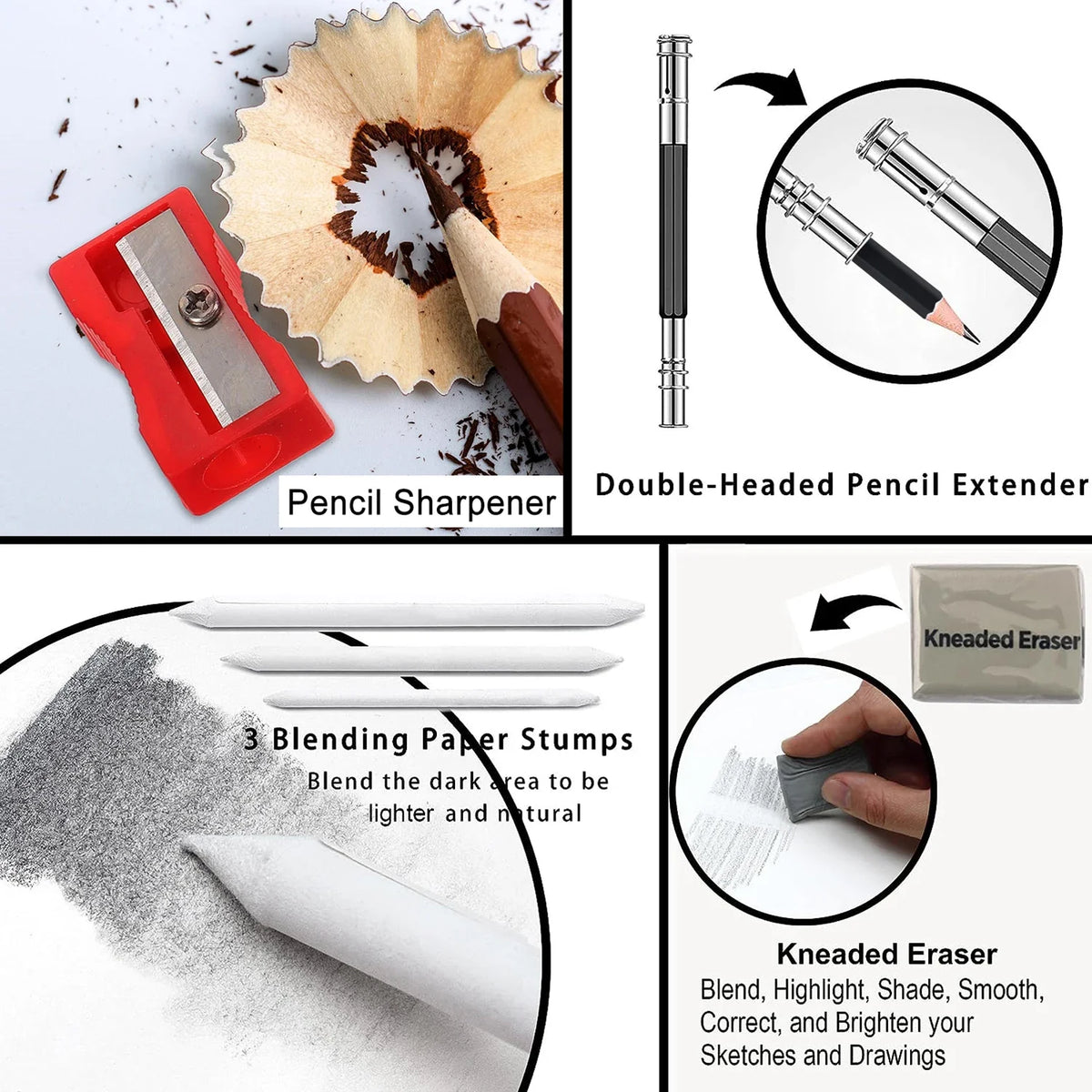 drawing set with sketch pencils, graphite, charcoal, blending tools (14-64 pcs)