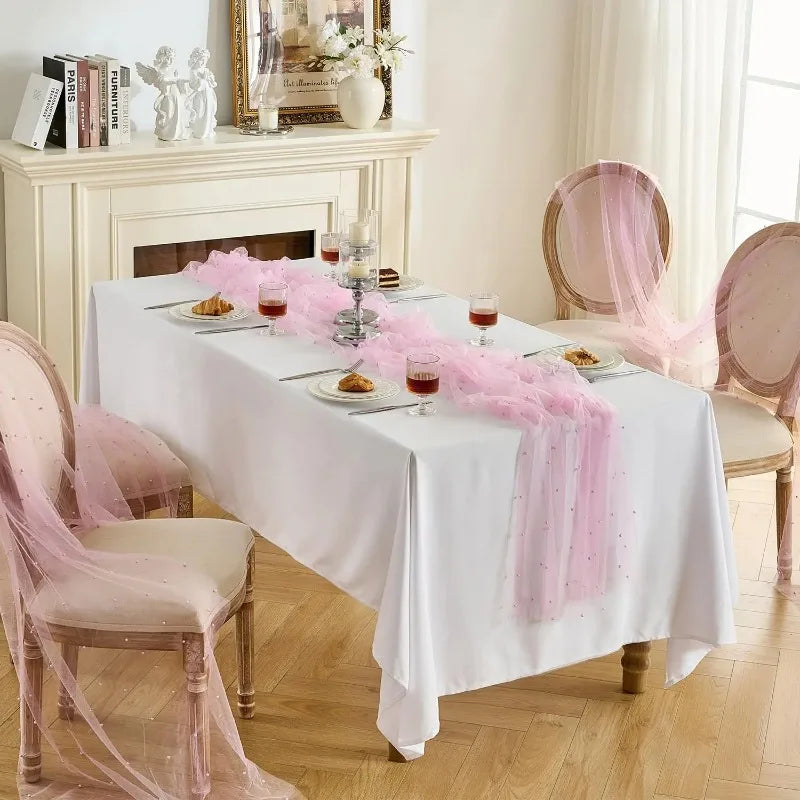 75x200cm Pearl Tulle Table Runner Polyester Beaded Mesh Wedding Veil Bouquet Wrapping Party Bridal Decorations DIY Tablecloth