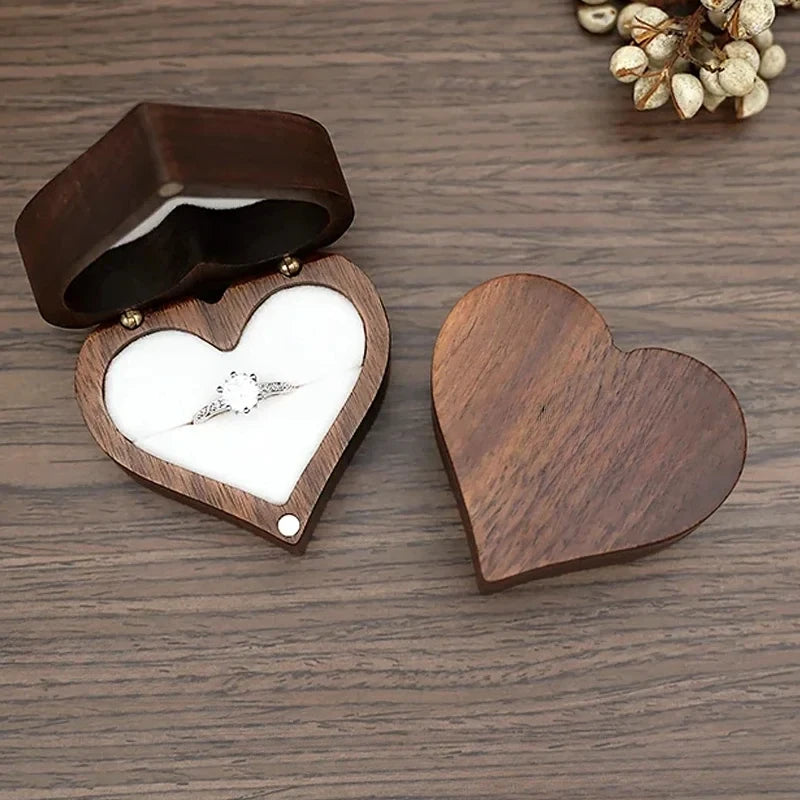 Classical Heart Shape Wedding Ceremony Ring Box Walnut Wood Jewelry Boxes Proposed Wedding Jewellery Storage Organizer Ring Box