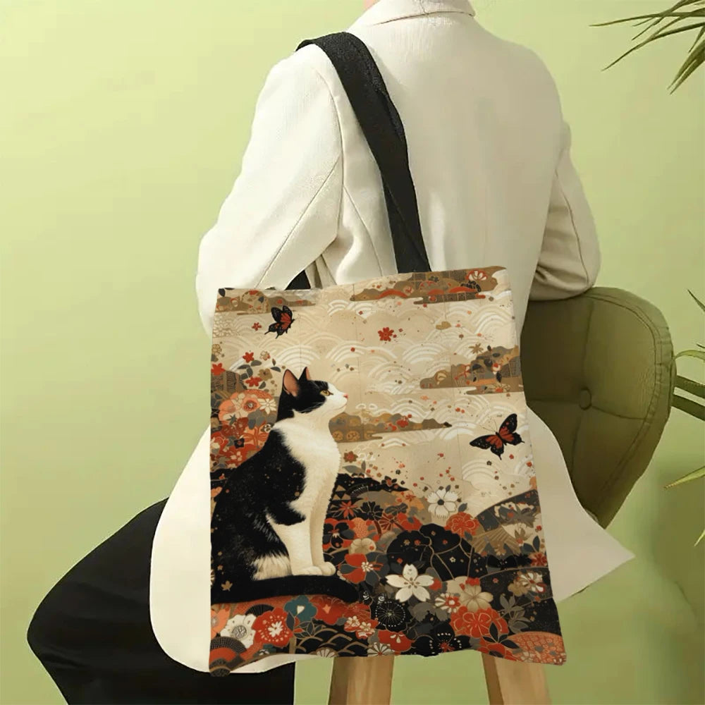 Borsa tote quadrata in lino bianco e nero con stampa gatto – shopper…