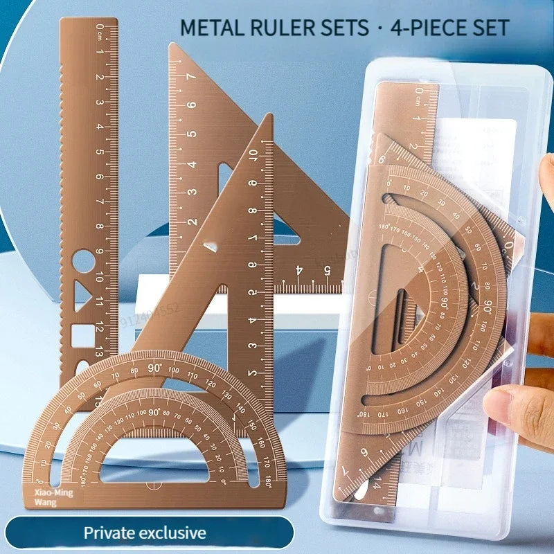 4-in-1 Aluminum Alloy Multifunctional Ruler Set, Triangle & Protractor Combo, Drawing Math Stationery for Students