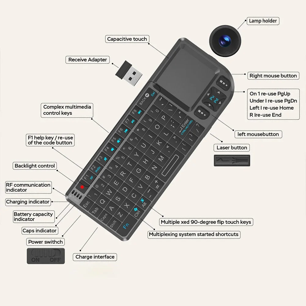 Tastiera 2.4G con mouse touchpad, 7 colori e torcia - PC, Smart TV, Android Box