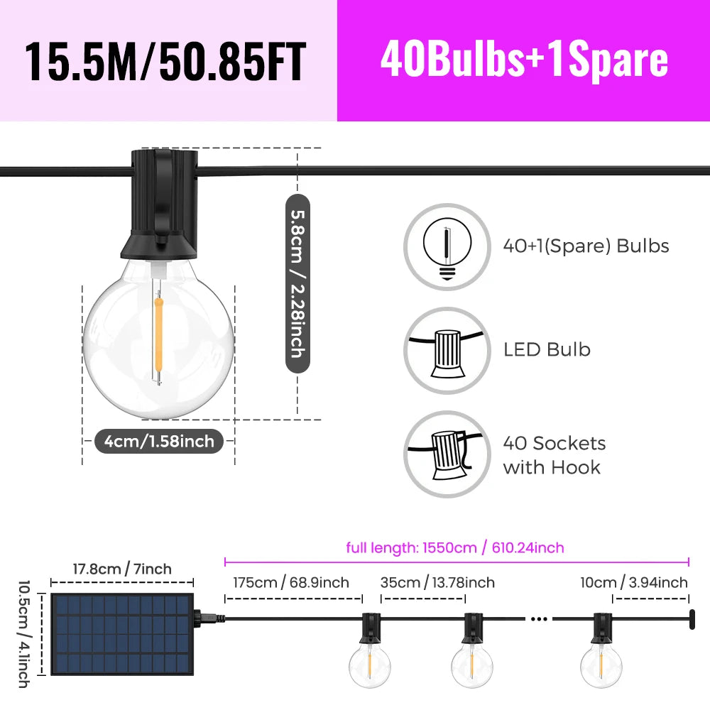 Catena LED solare G40 White con telecomando, 8 modalità, luminosità regolabile