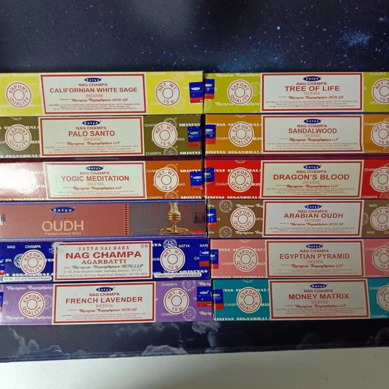 6/12boxes Satya White Sage Incense Sticks Home Fragrance NAGCHAMPA Sticks OUDH PALO SANTO Mix Incense YOGIC MEDITATION Aroma