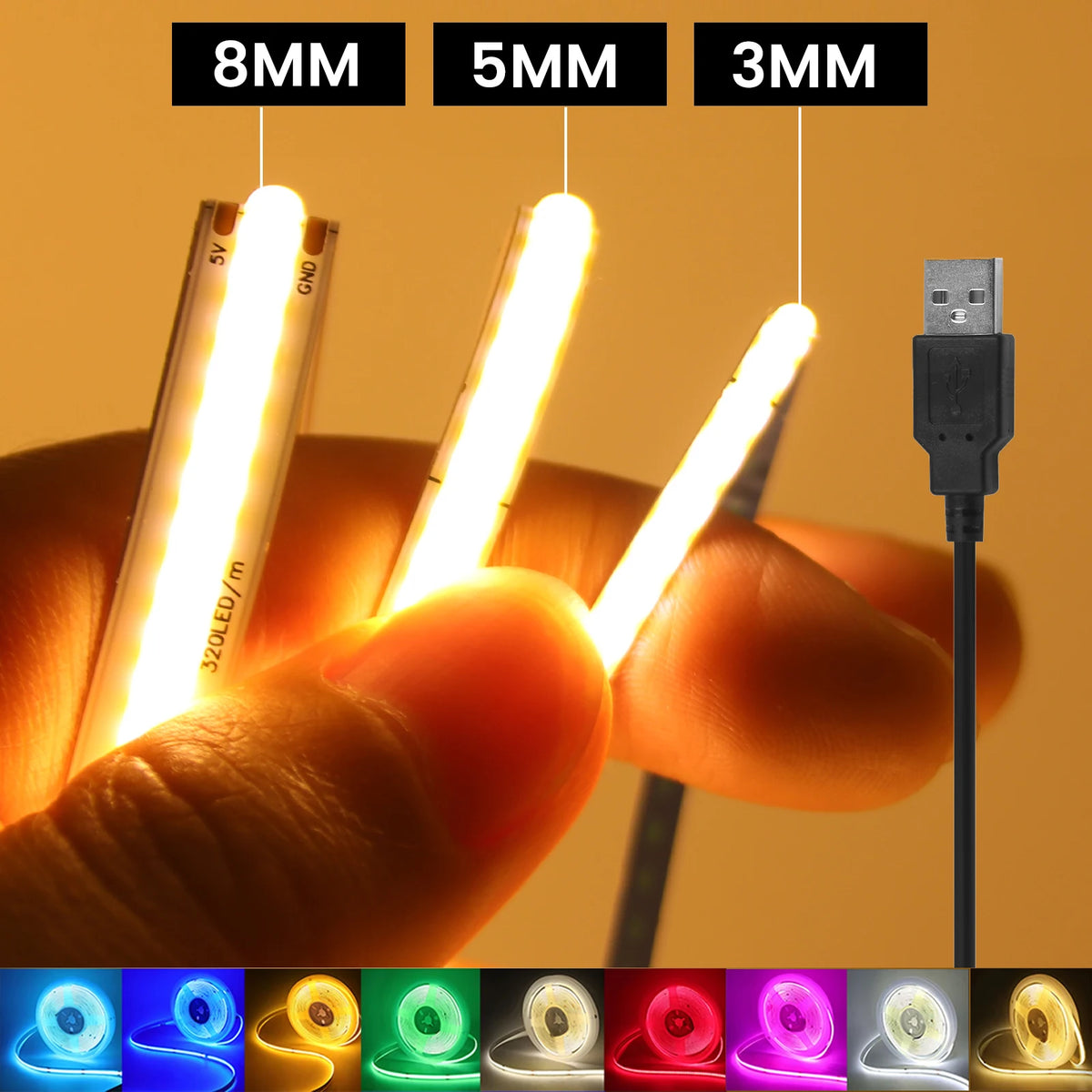 Striscia LED COB USB 5V 3/5/8 mm Multi‑colore per TV e decorazione