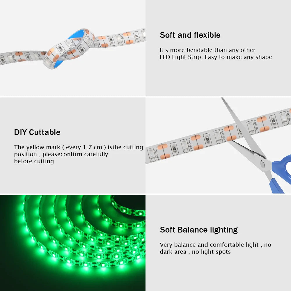 Striscia LED USB 5V SMD 2835, 60 LED/m, colori RGB, flessibile, 1‑5 m