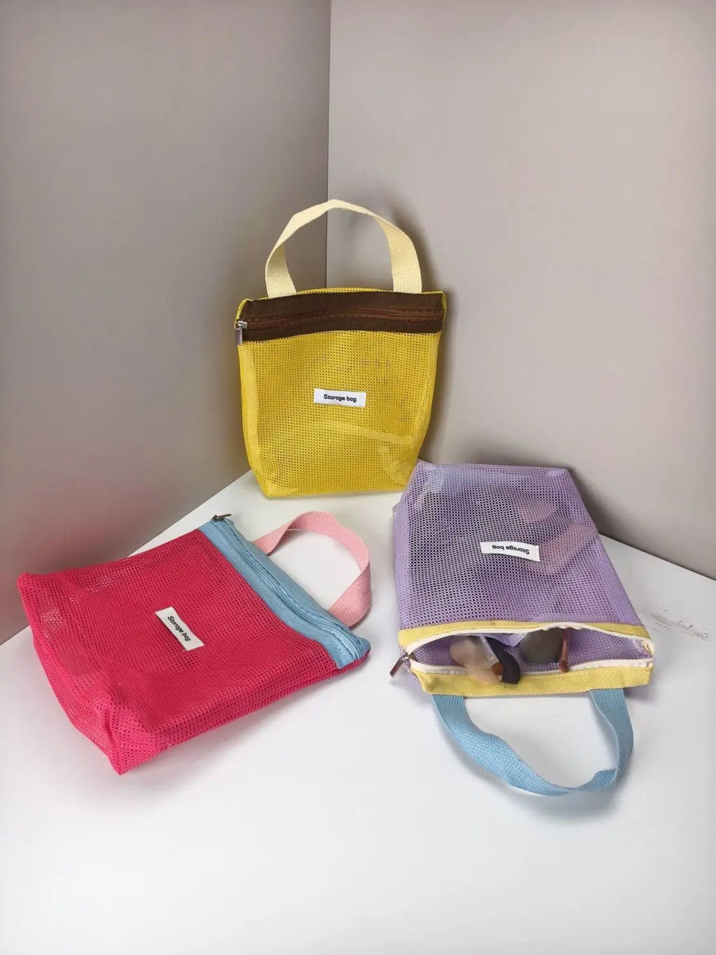 Borsa cosmetica pieghevole in rete, colore vivace, tascabile da spiaggia