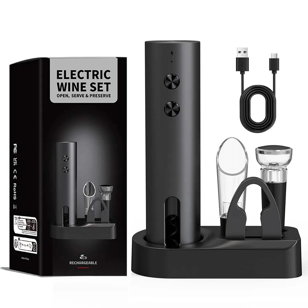 Apribottiglie elettrico 4‑in‑1 ricaricabile USB con fermavino e versatore