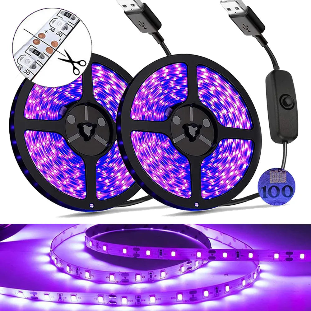 UV Led Strip Light 5V UVA Light 395-405nm SMD2835 Ultraviolet Ray LED Diode Ribbon Purple Tape Lamp USB With Switch 60LEDs/m