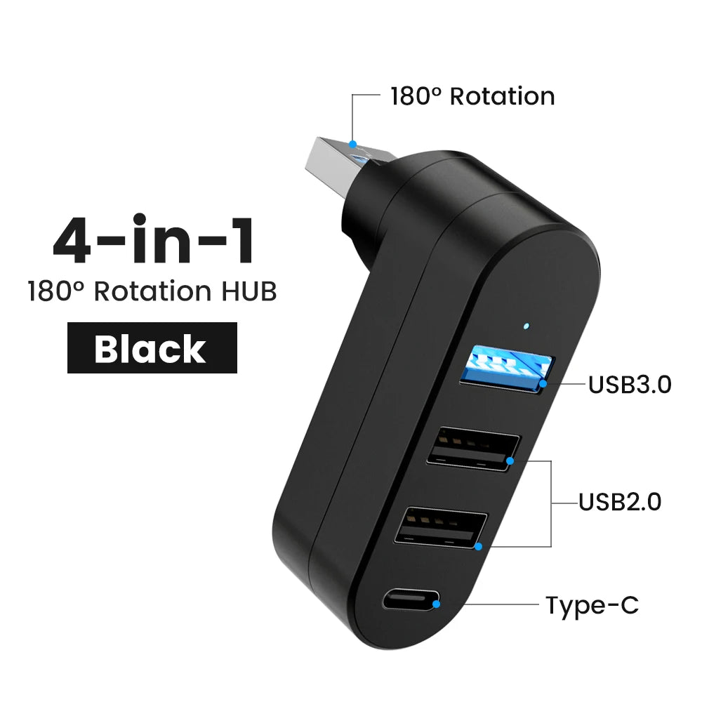 Hub USB 4 porte 180° rotante con Type‑C, USB 3.0 e USB 2.0 – alta velocità