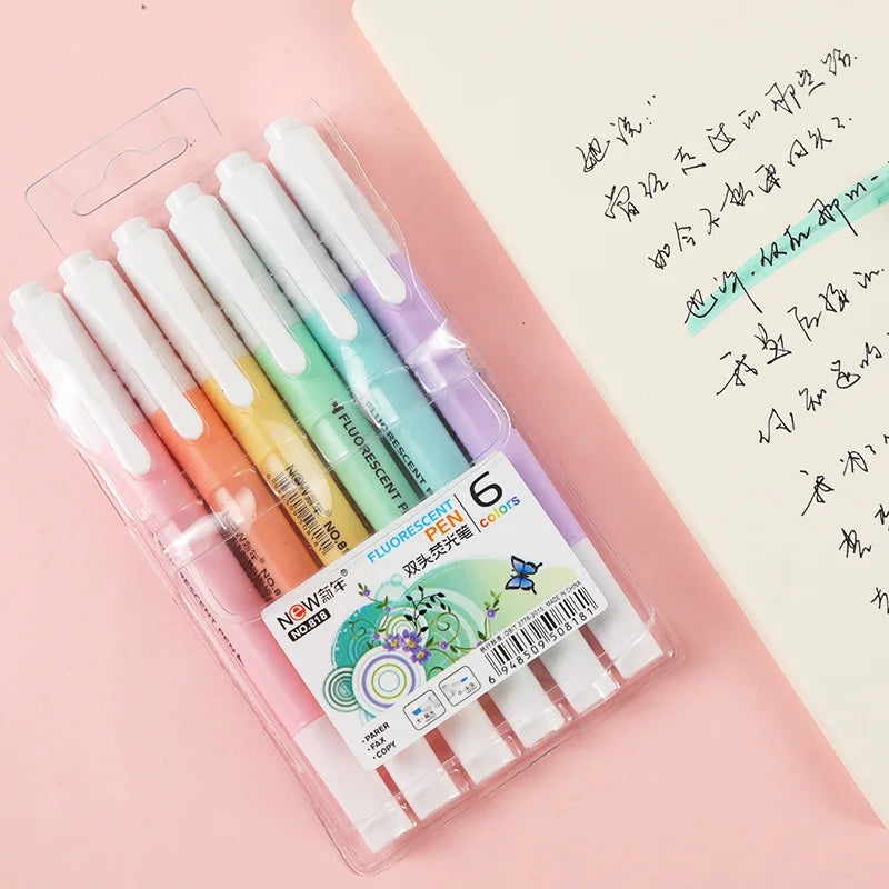 6Pcs/Set Double Head Fluorescent Highlighter Pen Markers Pastel Drawing Pen for Student School Office Supplies Cute Stationery