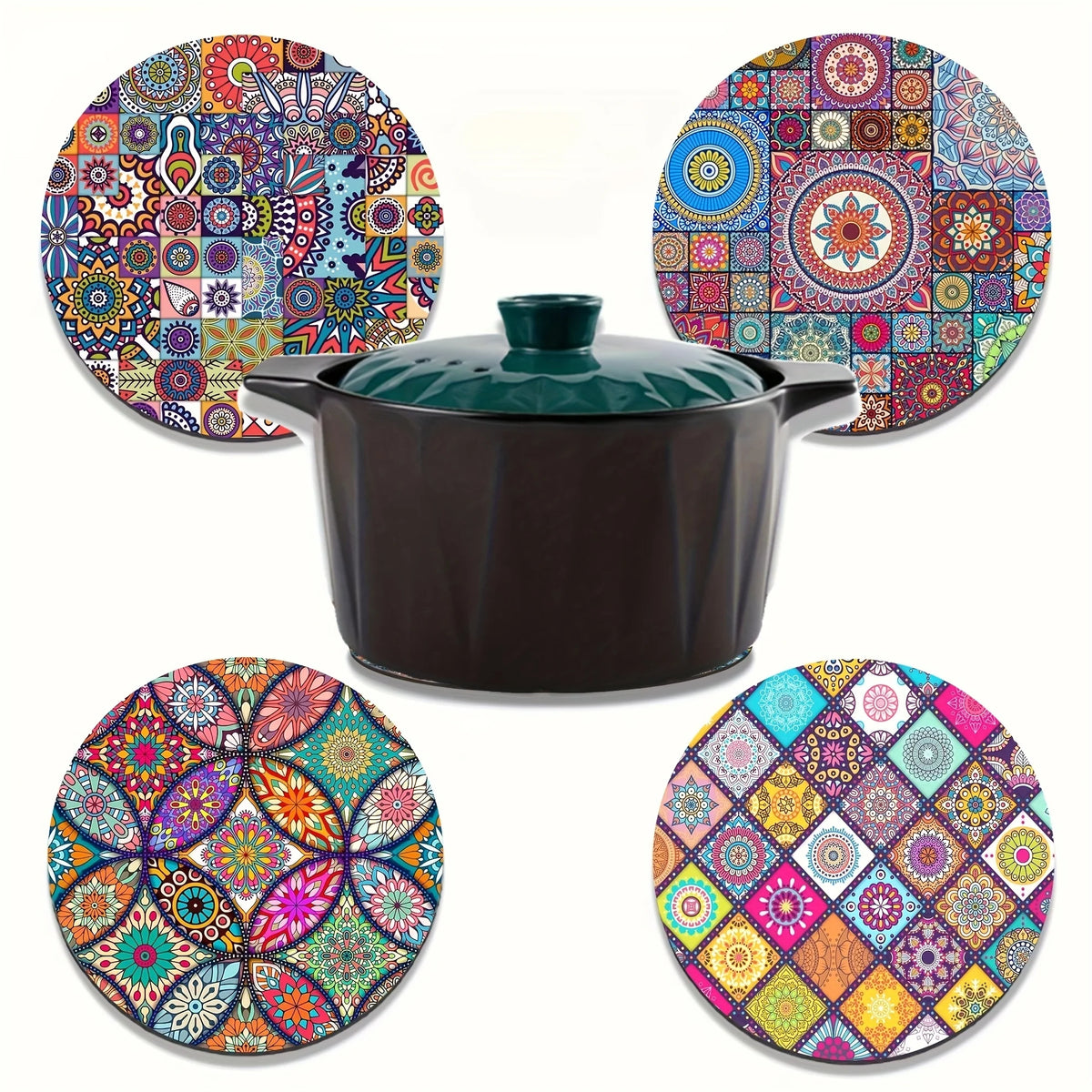 Set da 4 Sottobicchieri Boho Mandala in Diatomite, rotondi, anti‑scivolo e…