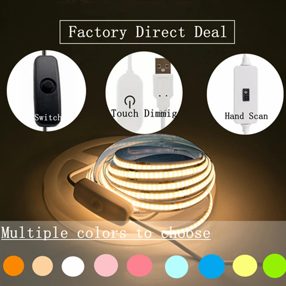 Striscia LED USB 5V COB dimmerabile con sensore touch per TV, specchio e cucina