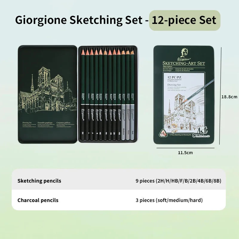 GOIRGIONE Pro Sketch Set 10/12/19/27 Graphite & Charcoal Pencils Portable Green Iron Box Drawing Sketching for Artists Students