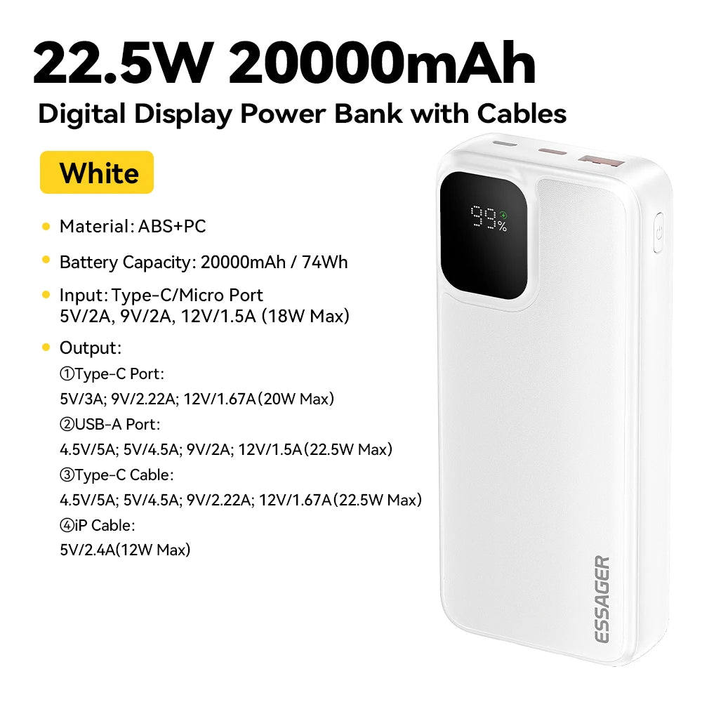 Power Bank Portatile 20000mAh Ricarica Rapida PD 22.5W con Cavi Integrati