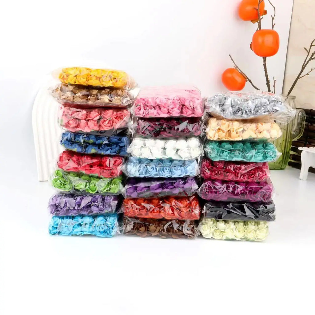 144PCS/lot 1.5cm Paper Rose Artificial Rose Flowers Hands For Wedding Decoration Scrapbooking Small Fake Flower Bouquet