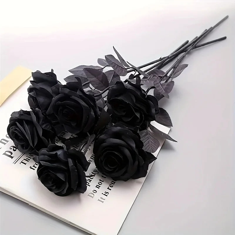 10 Rosa Nere Artificiali Lungho Stelo - Decorazione Halloween, Matrimonio, Casa