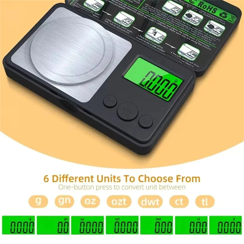 Bilancia di precisione 0,001 g LCD portatile, capacità 50 g/100 g, con pinze