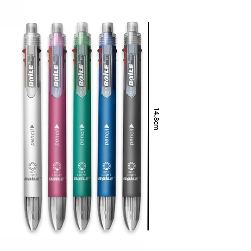 Set 6 in 1 Penna a sfera multicolore + matita meccanica con gomma, 5 colori
