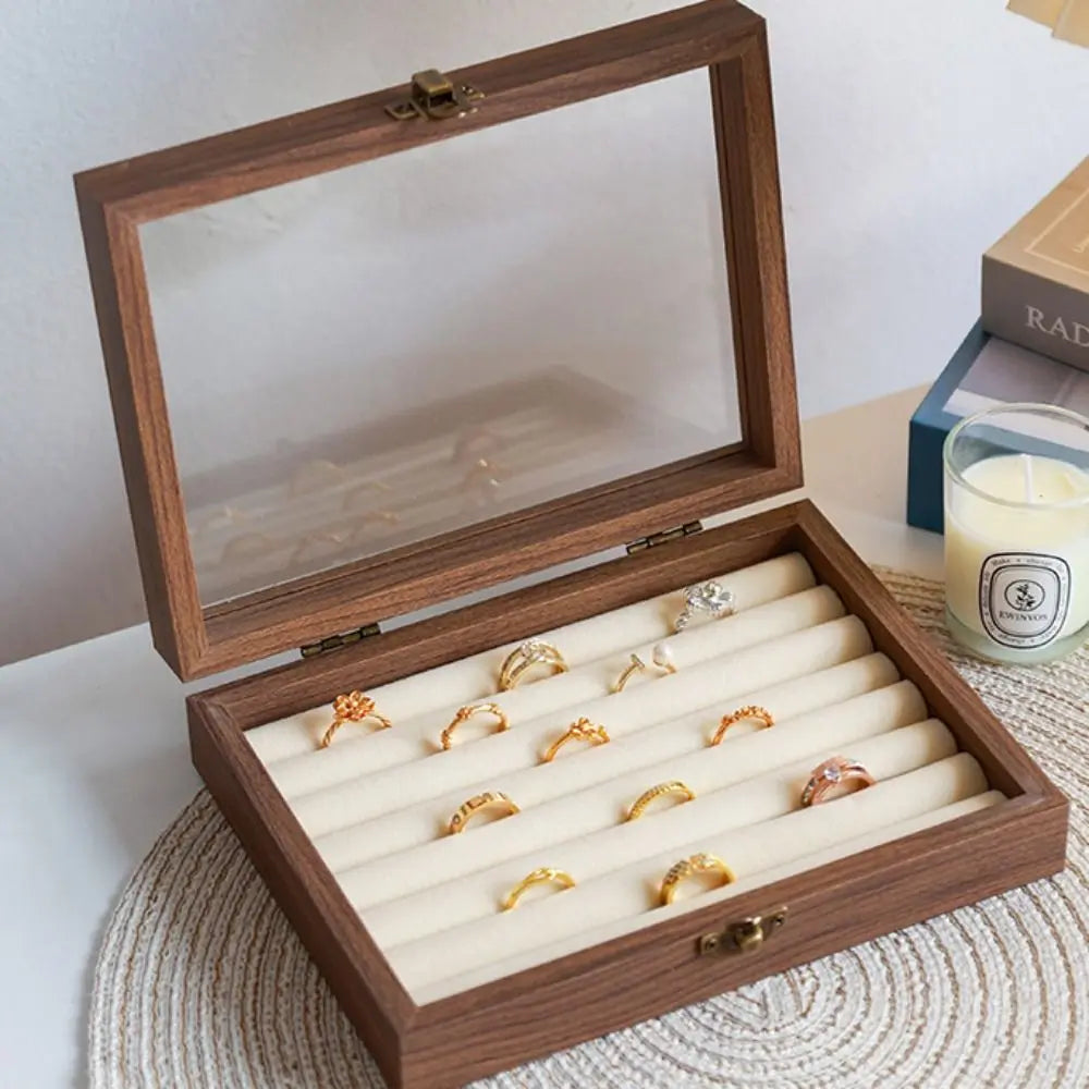 Retro Elegant Wood Jewelry Box Velvet Glass Lid Jewelry Organizer Storage Box Dust-proof Ring Display Holder Home