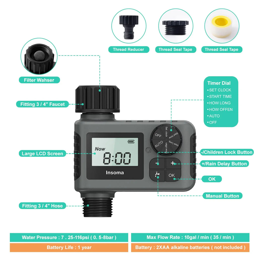 Timer automatico per irrigazione con display LCD e protezione IPX7